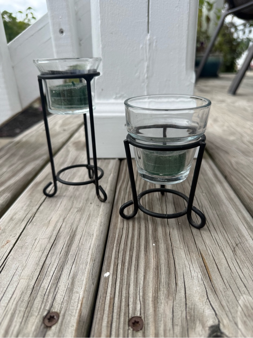 Set of 2 Black MetaSet of 2 Black Metal Votive Candle Holders with Green Candles